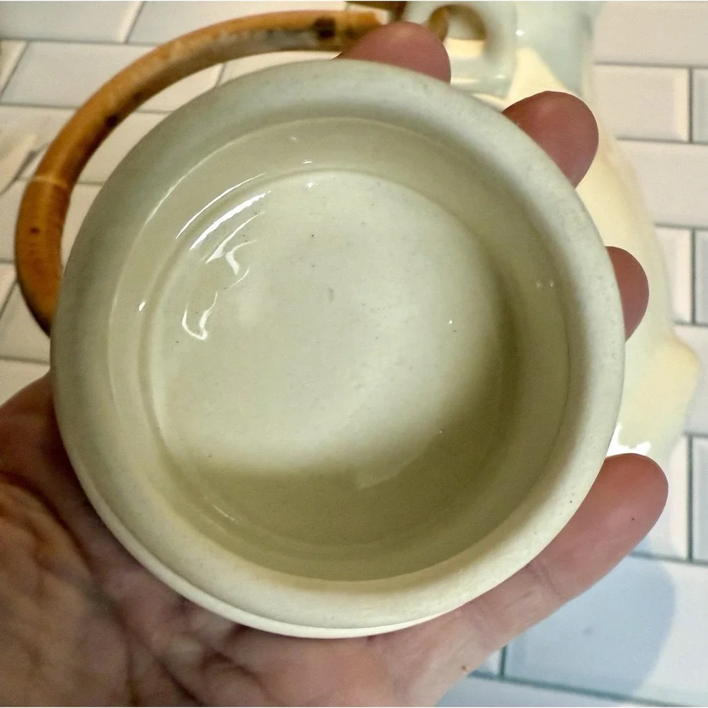Vintage Cat Ceramic Teapot w/ Bamboo Handle Signed‎ Fumi — Crazing, Chip on Lid